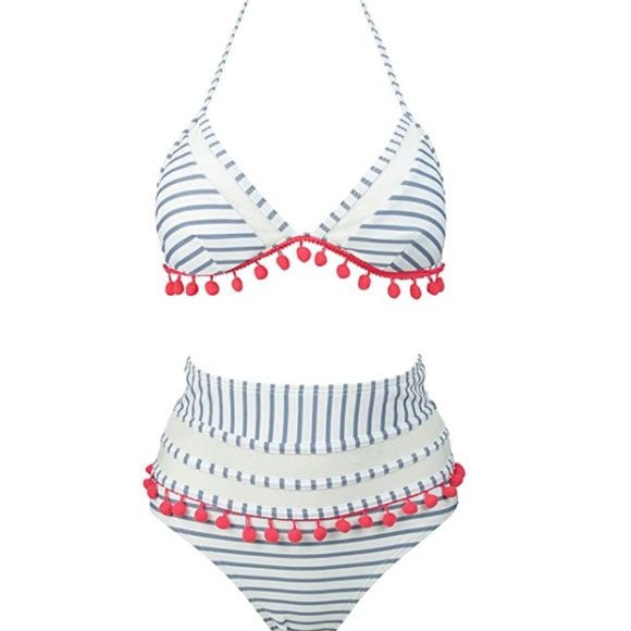 NWOT COCOSHIP Women's Mesh Striped High Waist Bikini Set Tassel Trim Top Halter - Picture 3 of 5